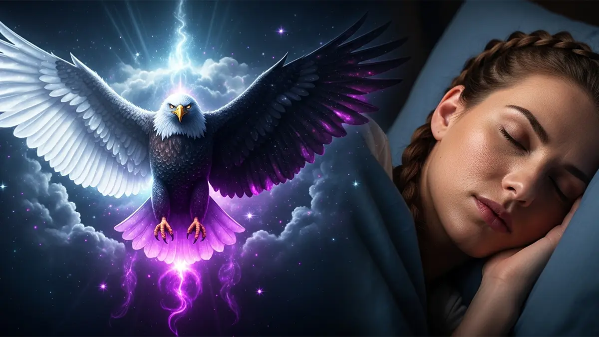 Una mujer durmiendo tranquilamente mientras de su mente emerge una nube de sueño cósmica, revelando un águila majestuosa con un ala blanca y otra negra, simbolizando la guía y el significado de soñar con águilas.