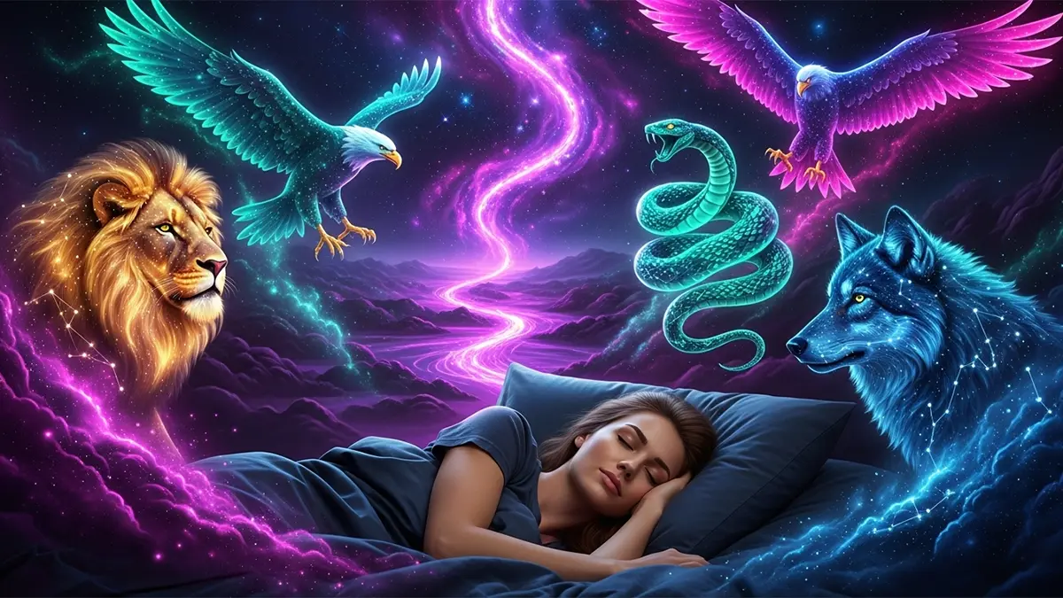 Una mujer hermosa durmiendo pacíficamente en un entorno cósmico y onírico. A su alrededor, emergen de una nebulosa las formas espirituales y luminosas de un león, un águila y una serpiente, simbolizando la guía y el profundo significado de soñar con animales.