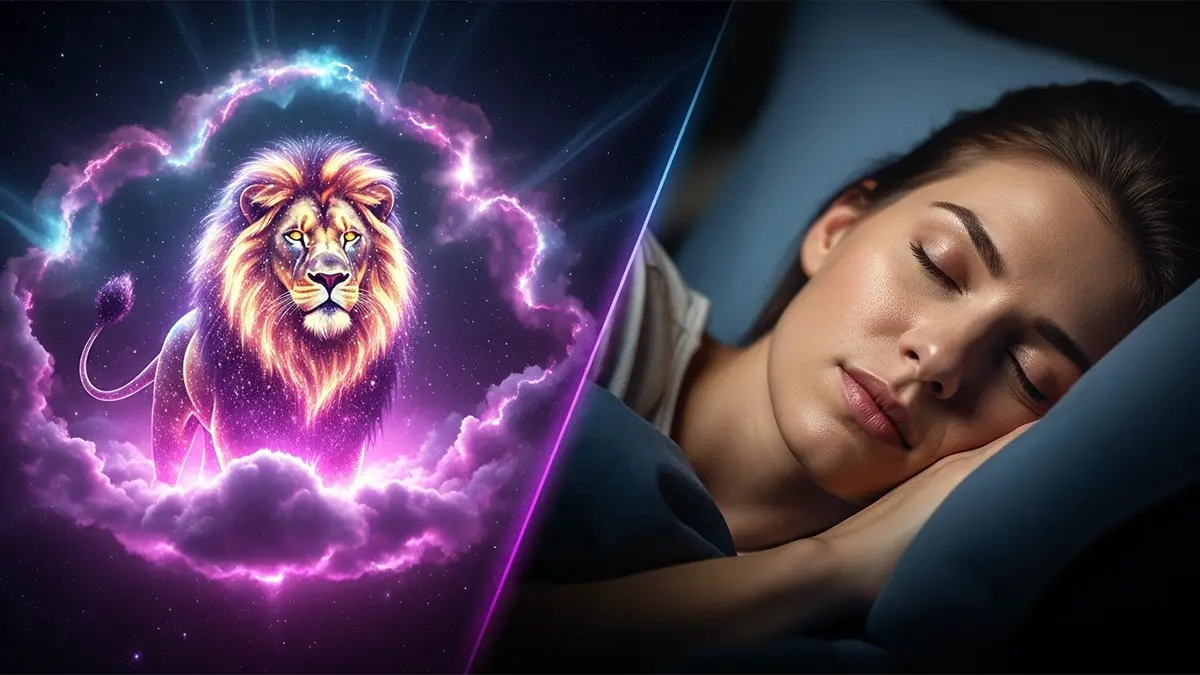 Una mujer duerme serenamente mientras de su sueño emerge una nube etérea que revela un león majestuoso y luminoso, simbolizando el significado de soñar con leones.
