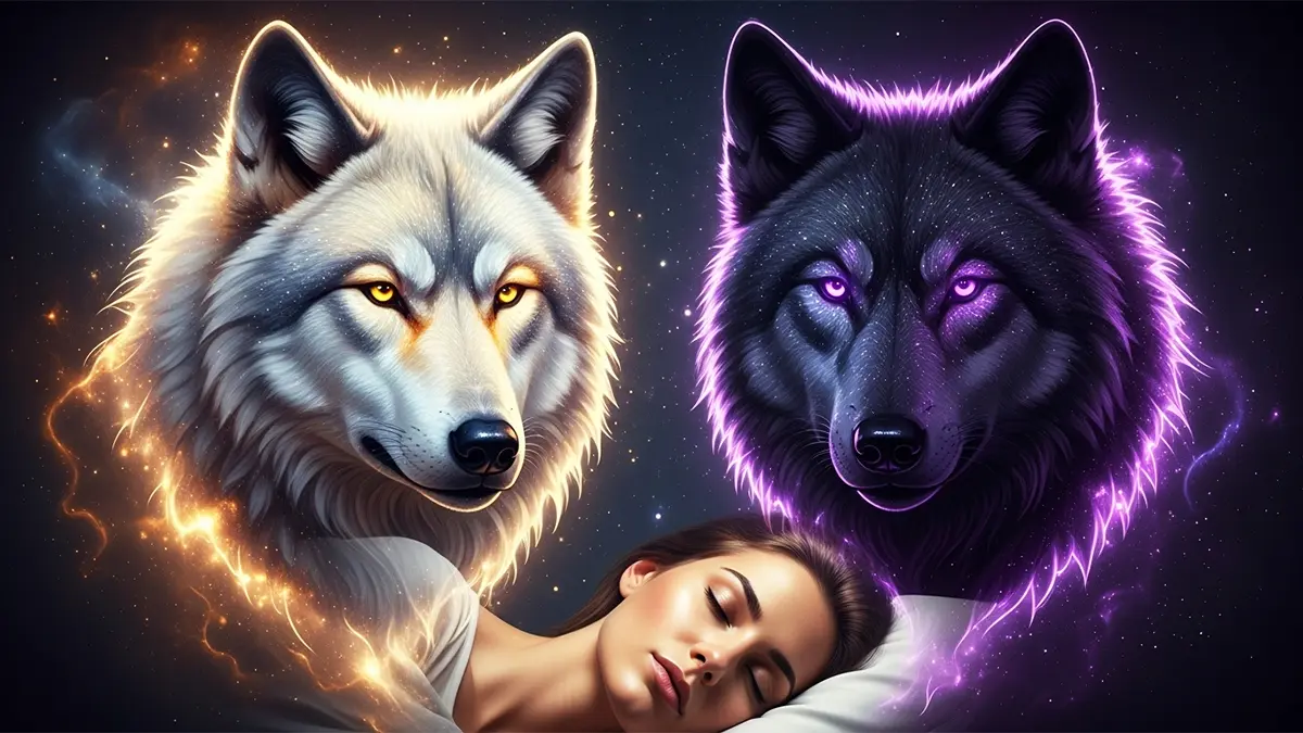 Ilustración del significado de soñar con lobos: una mujer duerme serenamente, iluminada por dos lobos espirituales gigantes, uno blanco y otro negro, que emergen de un fondo cósmico y mágico.