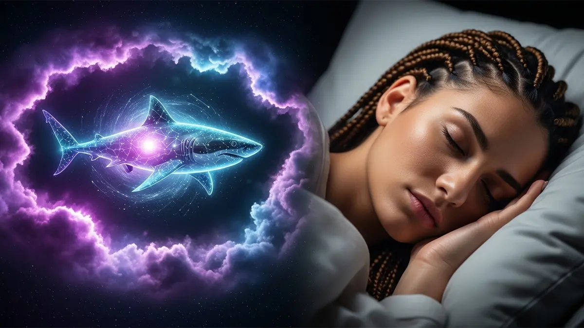 Una mujer duerme serenamente, ilustrando el significado de soñar con tiburones como un mensaje de poder interior. De su sueño emana una nube cósmica con un tiburón luminoso hecho de constelaciones.