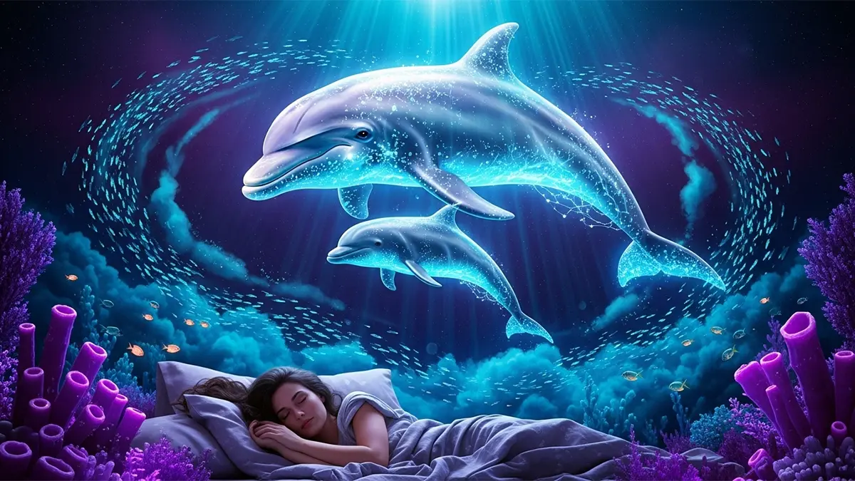 Una mujer duerme en paz mientras tiene un sueño mágico sobre lo que significa soñar con delfines. En su sueño, una mamá delfín y su cría nadan en un océano cósmico, simbolizando la guía espiritual y una conexión profunda.