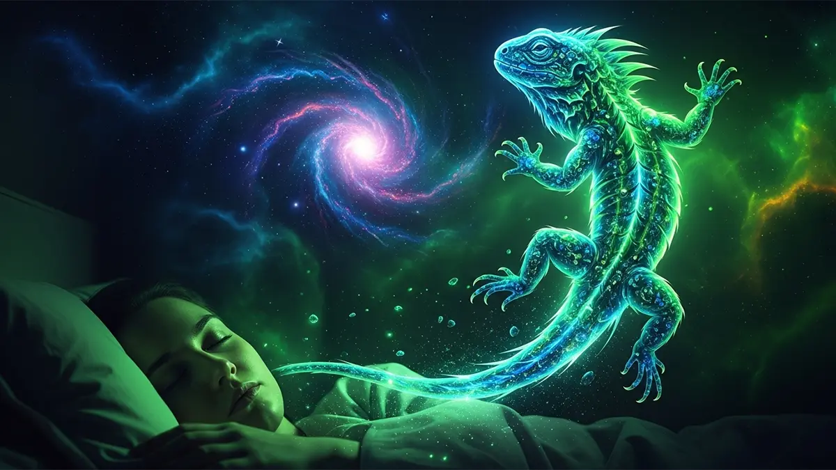 Una persona duerme serenamente mientras el significado de soñar con lagartos se manifiesta como una iguana gigante y etérea, hecha de energía verde y azul, que flota en un paisaje de ensueño cósmico con una galaxia de fondo.