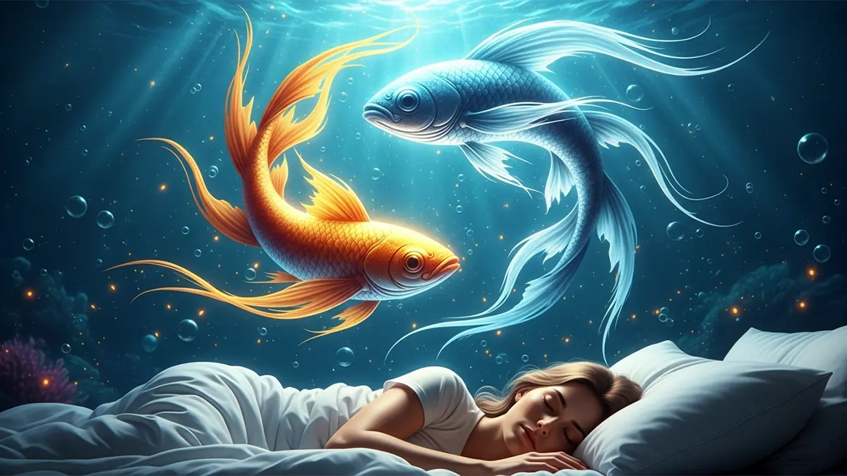 Una mujer duerme plácidamente mientras dos peces luminosos y espirituales, uno dorado y otro plateado, nadan en un círculo sobre ella, representando el profundo y sereno significado de soñar con peces.