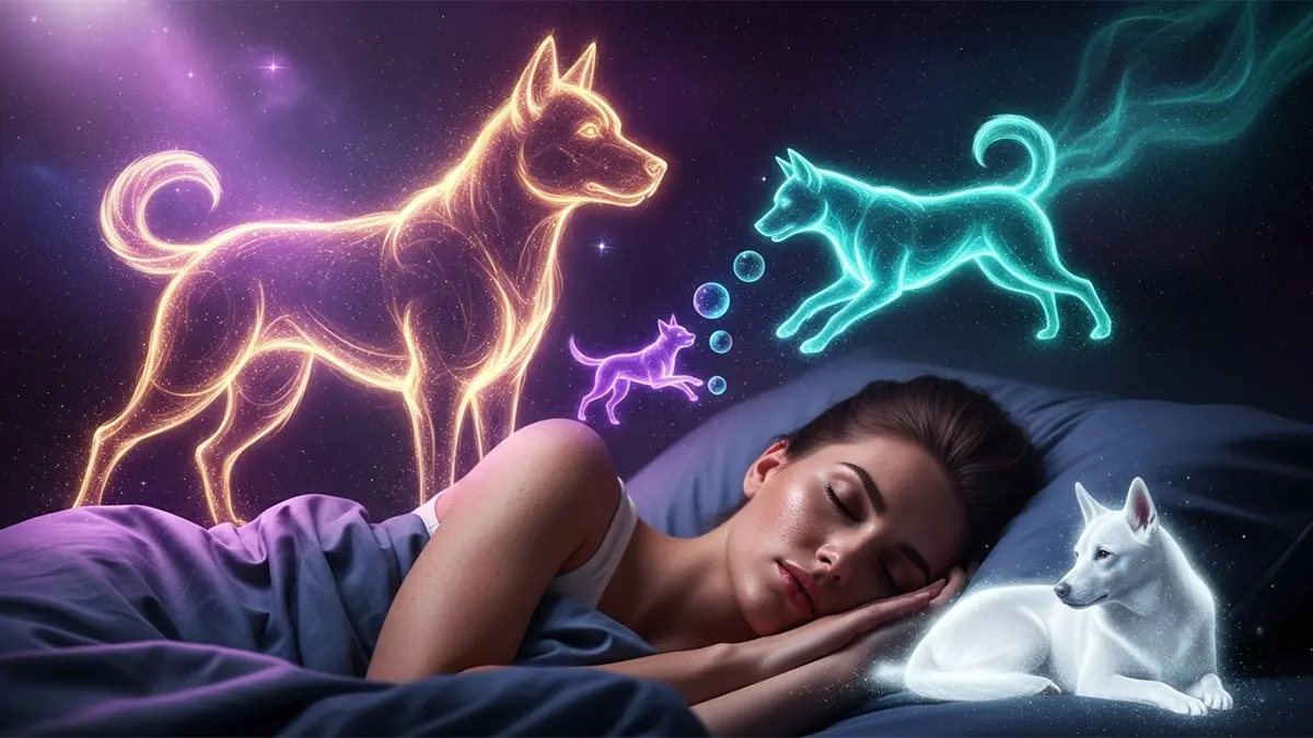 Una mujer duerme pacíficamente mientras su sueño se manifiesta en un paisaje cósmico y mágico. A su alrededor flotan tres perros luminosos que la guían: un perro dorado grande que la protege, un perro juguetón de color turquesa y un perro blanco que descansa serenamente, simbolizando la lealtad, la alegría y la paz interior.