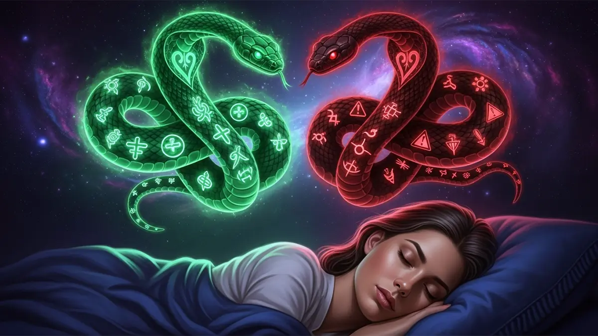 Una mujer duerme plácidamente mientras dos serpientes brillantes, una verde con símbolos positivos y otra roja con símbolos de advertencia, flotan sobre ella en un espacio cósmico.